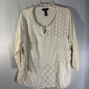 Style & Co White Patchwork Sequin Lace Top Plus Size 2X Boho Evening Blouse Chic